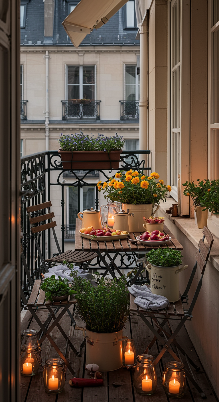 Holz-Bistrotisch auf Balkon, beladen mit frischem Obst, Kräutern und Kerzenlicht.