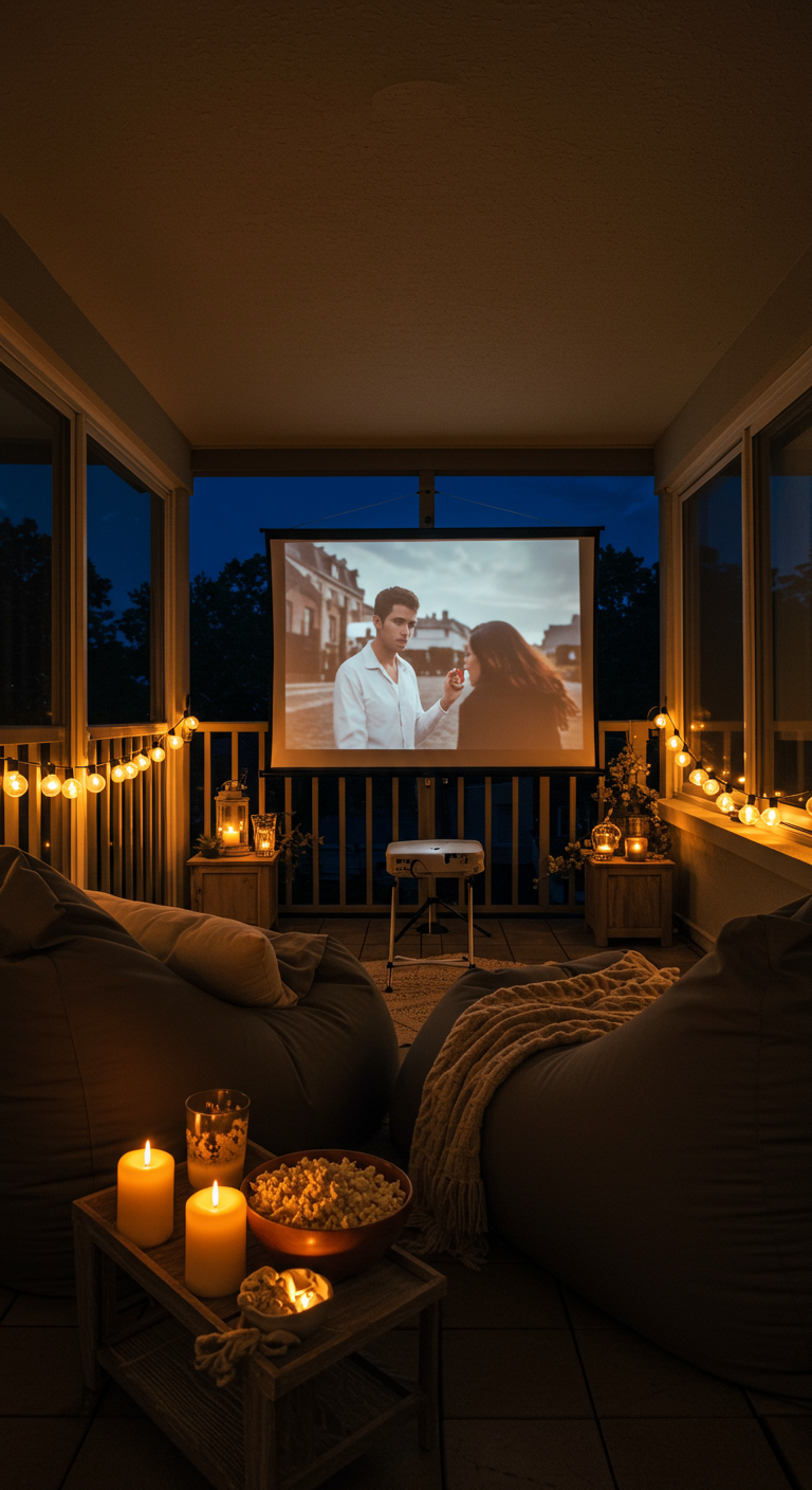 Balkon-Kino mit Beamer, Leinwand, Sitzsäcken und Popcorn bei Nacht.