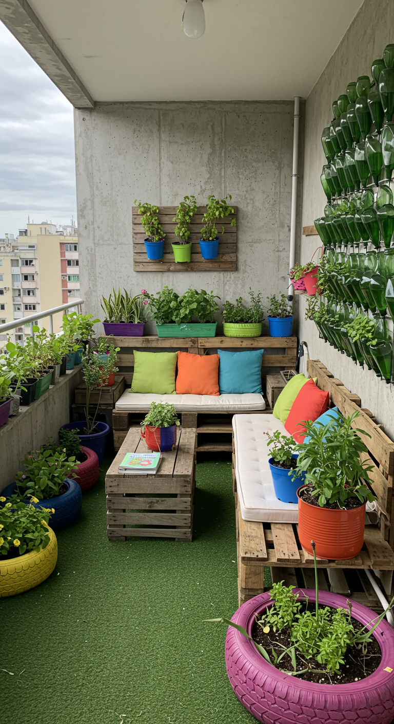 Balkon mit Upcycling-Möbeln aus Paletten und bunt bemalten Autoreifen, Kunstrasen.