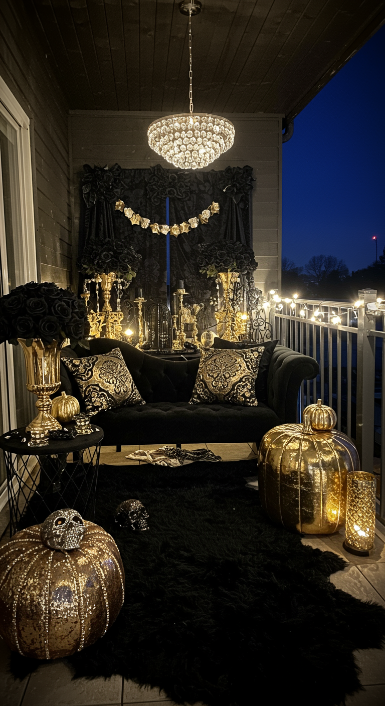 Luxuriöser Halloween-Balkon in Schwarz und Gold mit Samtsofa und Kronleuchter.