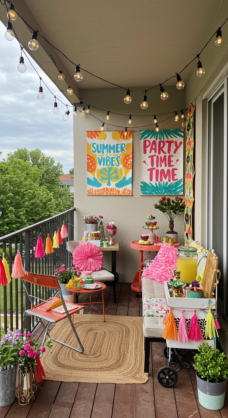 Schmaler Balkon mit bunten Postern, Quasten-Girlanden, orangefarbenen Möbeln und Limonadenspender.