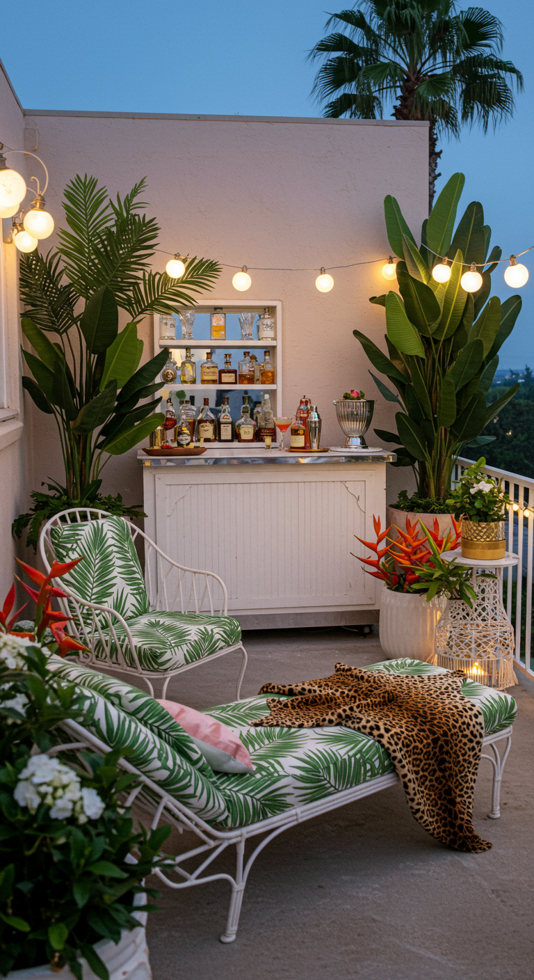 Eleganter Balkon mit weißen Metallmöbeln, tropischen Blattmustern, weißer Bar und großen Grünpflanzen.
