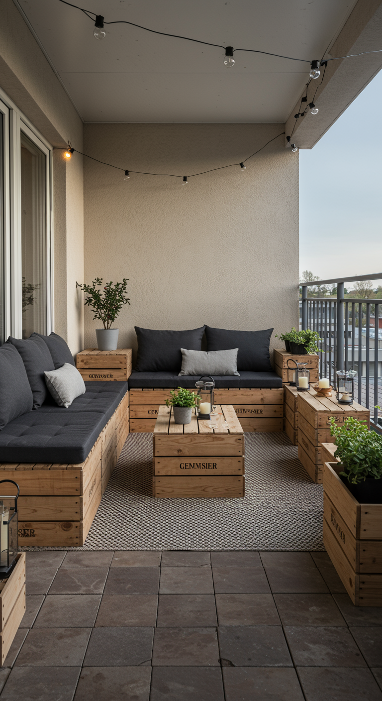 Große Lounge-Ecke aus beschrifteten Holzkisten mit grauen Polstern und Couchtisch.
