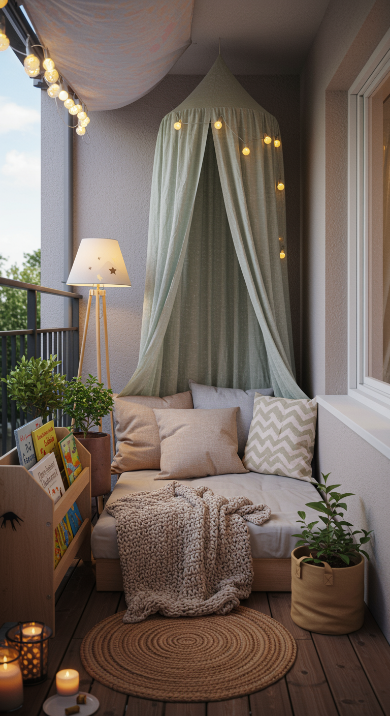Gemütliche Balkon-Leseecke mit Matratze, Betthimmel, Lichterketten und Bücherregal.