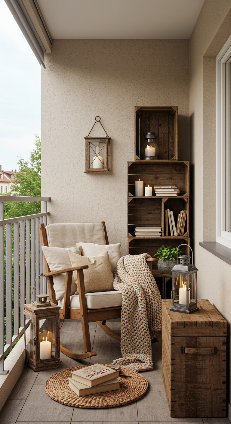 Holz-Schaukelstuhl mit Kissen, Decke, Laternen und Bücherregal aus Holzkisten.