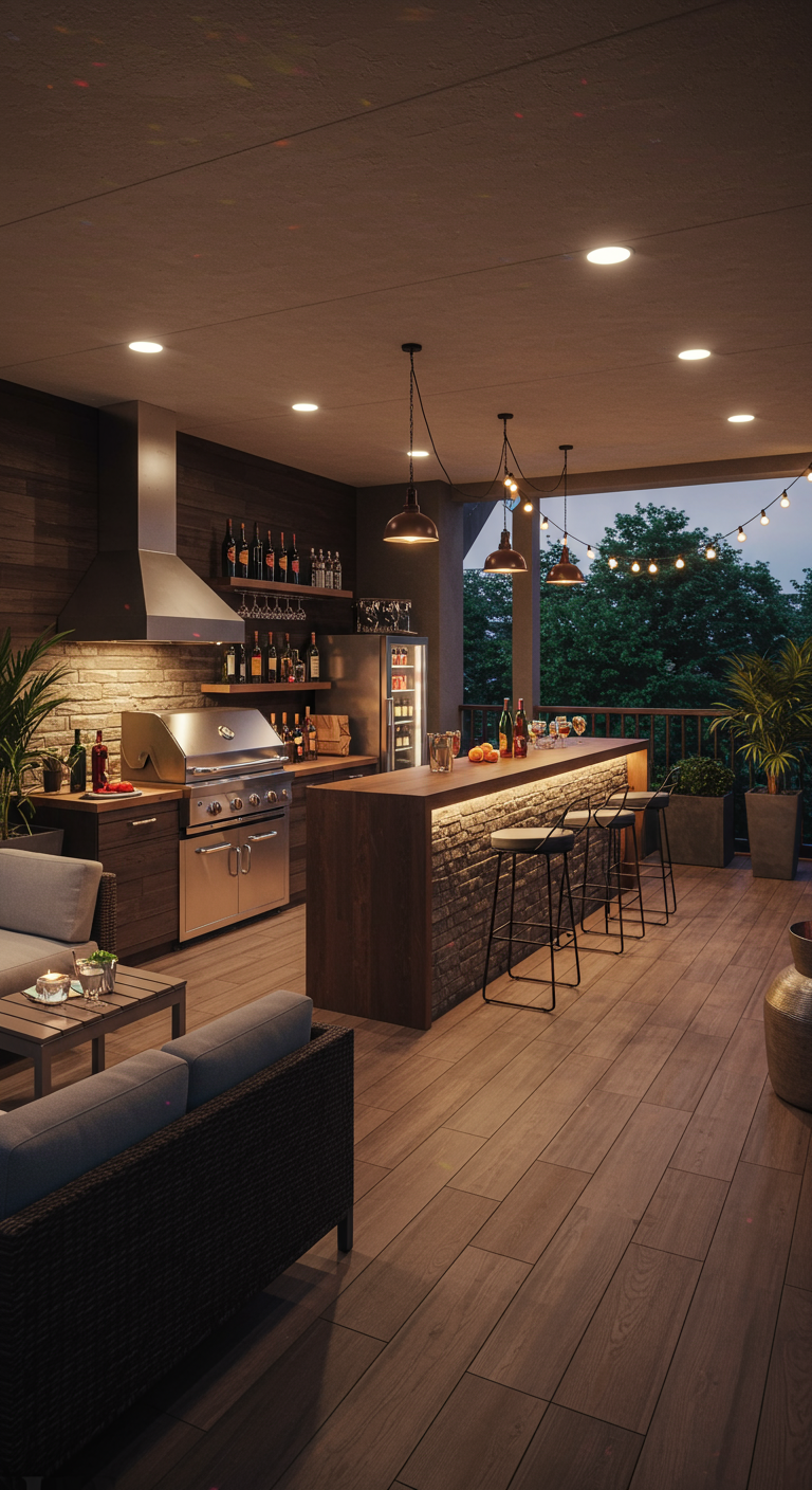 Großer Balkon mit moderner Außenküche, Grill, Bar und Lounge-Möbeln bei Nacht.