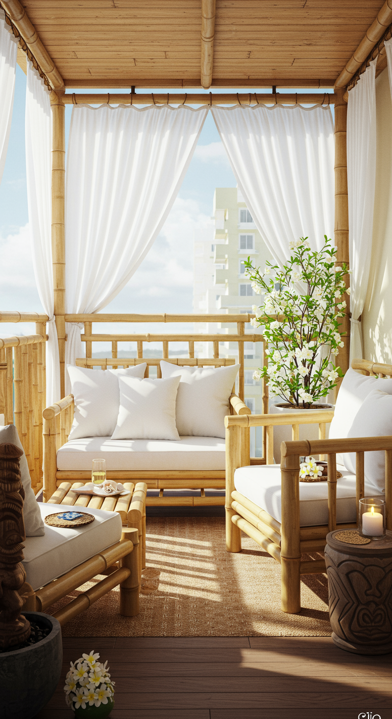 Helle Bambusmöbel-Lounge mit weißen Kissen und Vorhängen auf einem Balkon.