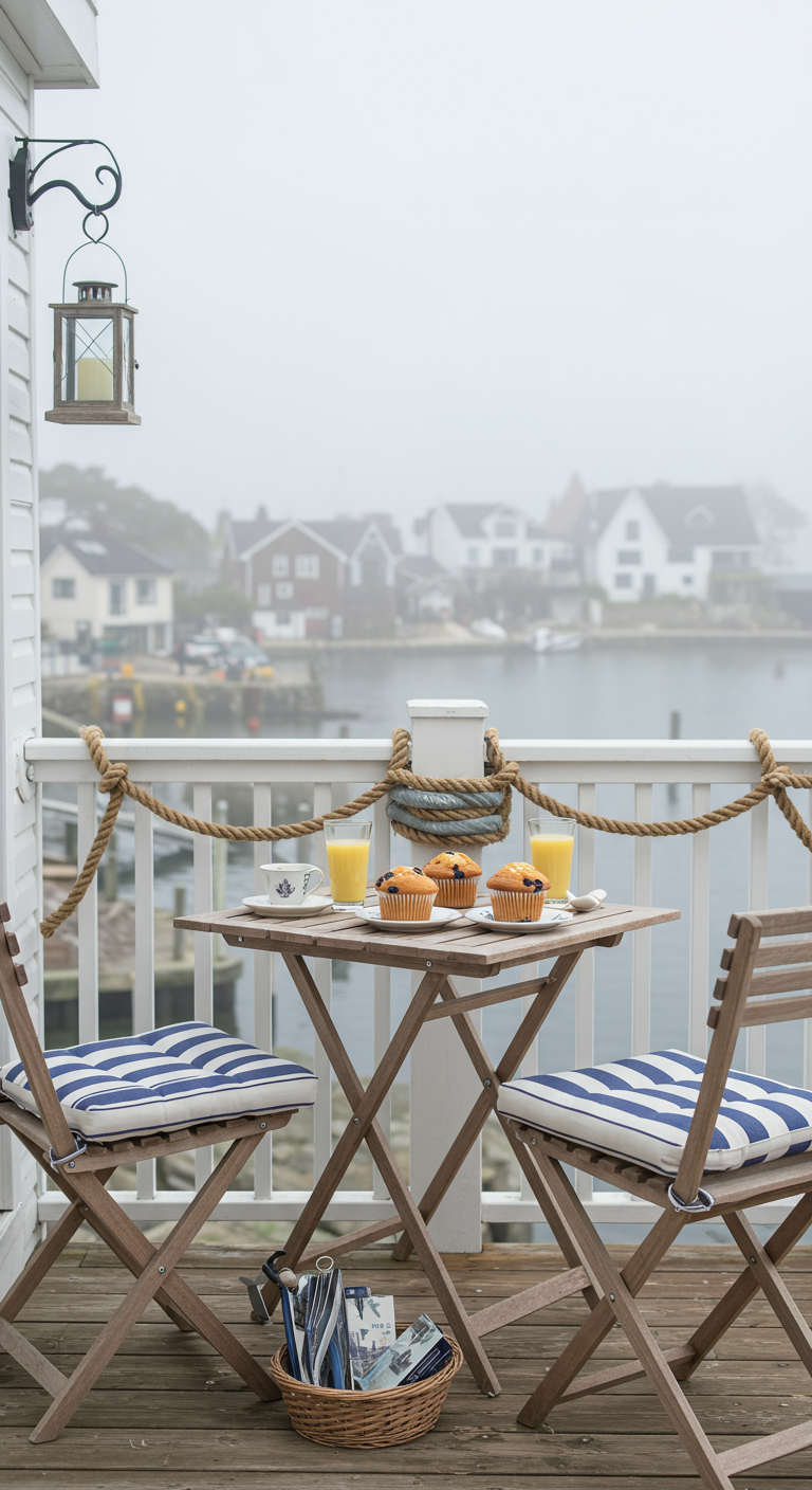 Maritimes Frühstück auf einem Balkon mit Holzmöbeln, gestreiften Kissen und Seilgeländer.