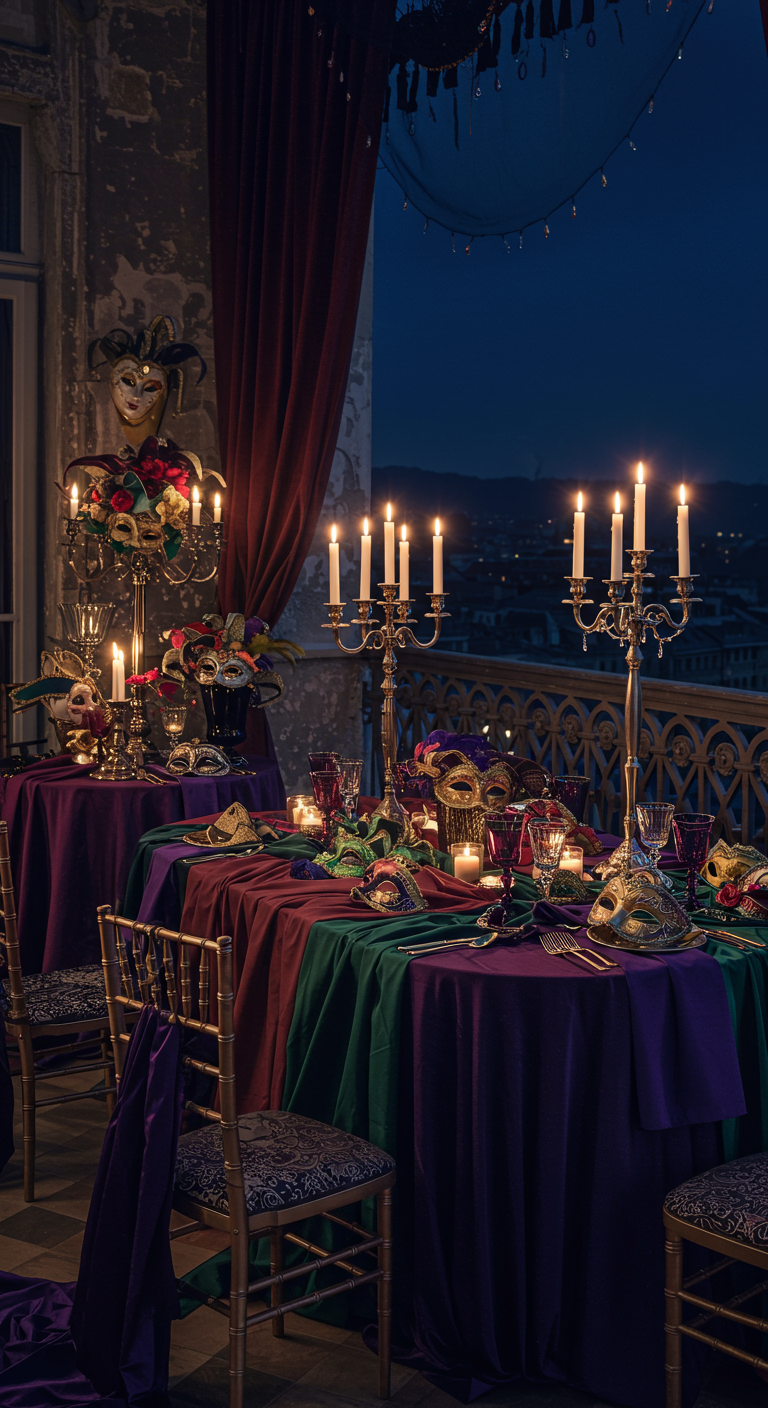 Elegant gedeckter Tisch auf einem Balkon bei Nacht mit venezianischen Masken und vielen Kerzen.