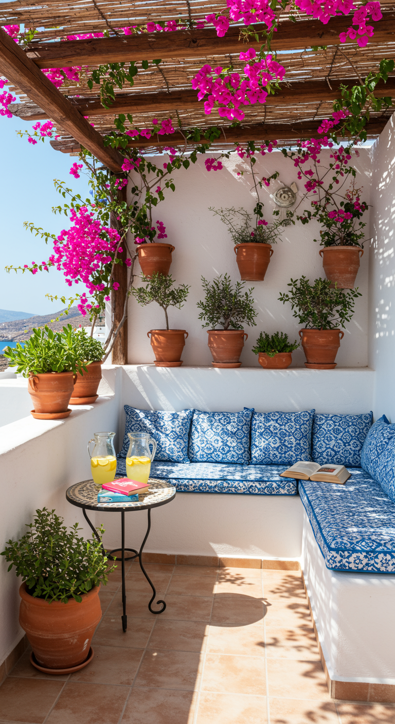 Mediterraner Balkon mit weißer Bank, blau-weißen Polstern, Bougainvillea und Terrakotta.