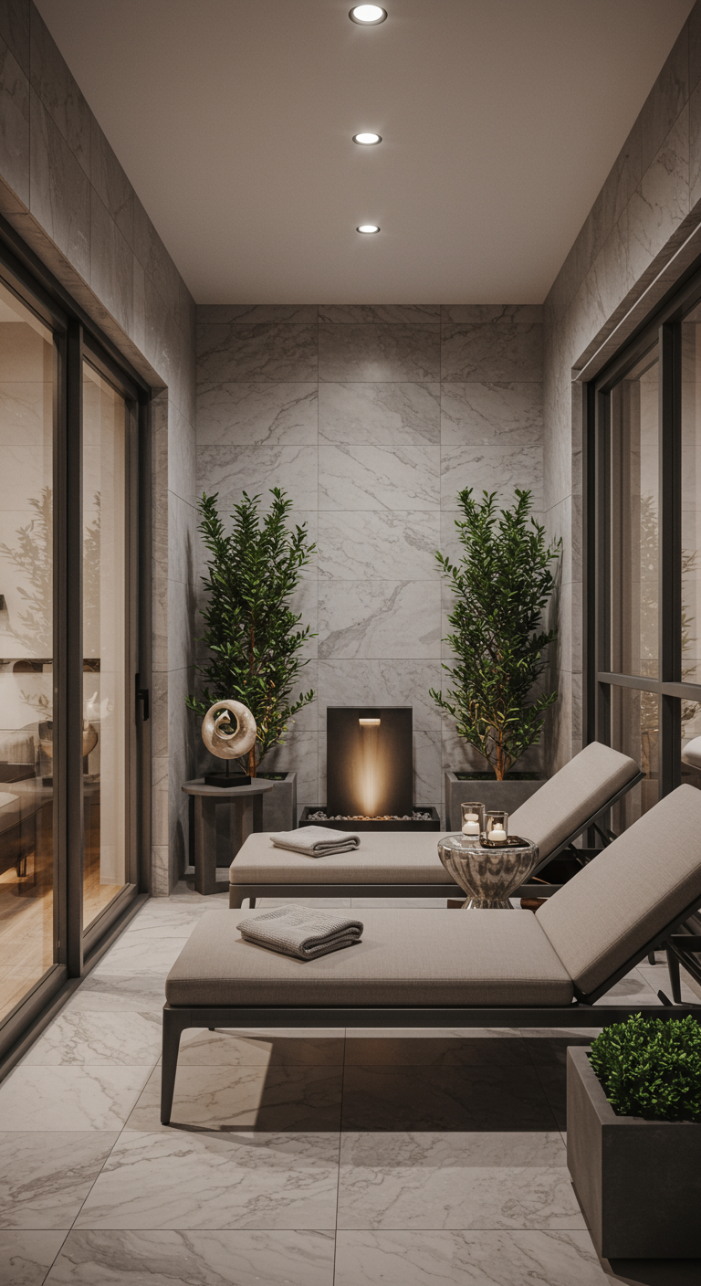 Schmaler Balkon mit zwei Liegen, kleinem Tischbrunnen und Pflanzen, Spa-Atmosphäre.