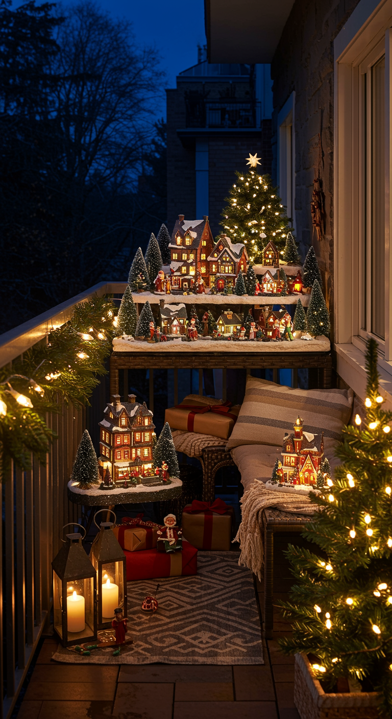 Balkon dekoriert mit einem Miniatur-Weihnachtsdorf auf mehreren Ebenen, beleuchtet.