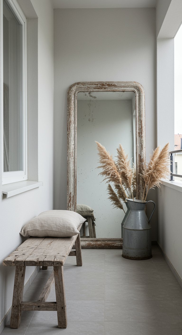 Minimalistischer Balkon mit Holzbank, großem Spiegel und Pampasgras