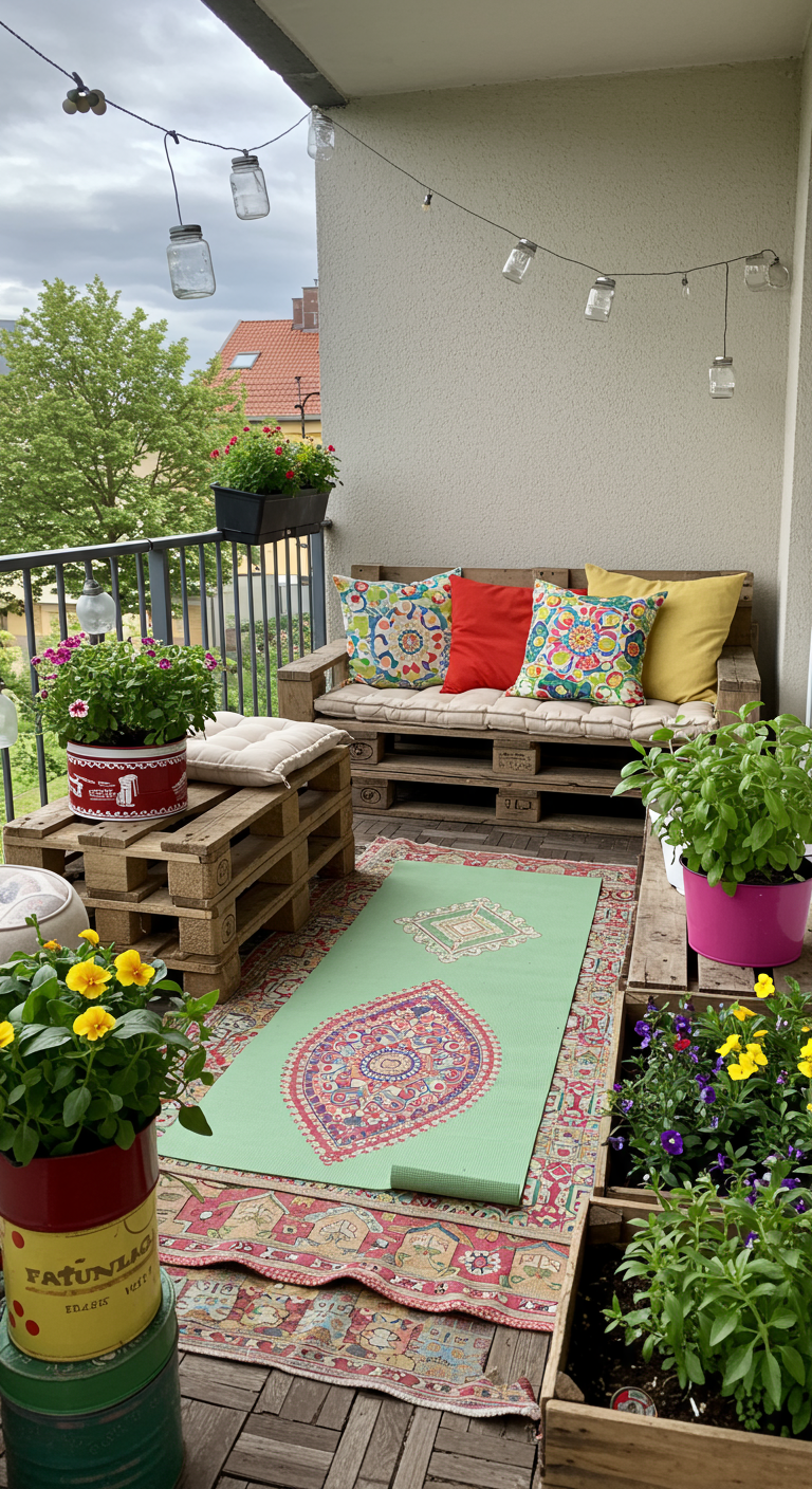 Balkon mit Palettenmöbeln, bunten Kissen, gemusterter Yogamatte und vielen Blumen.