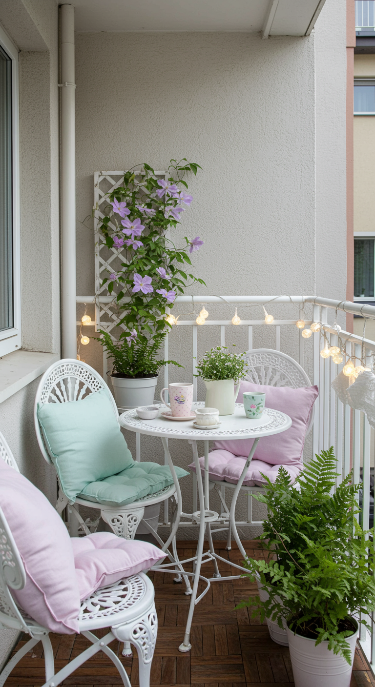 Nordbalkon mit weißen Bistro-Möbeln, Pastellkissen, blühender Clematis und Lichterkette.