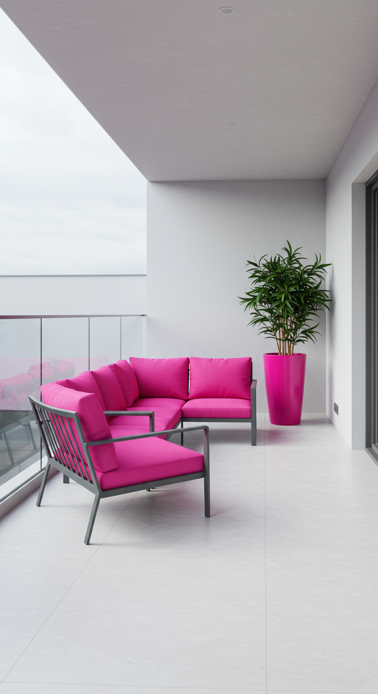 Moderner Balkon mit pinkem Ecksofa und passendem pinken Pflanzkübel mit grüner Pflanze.