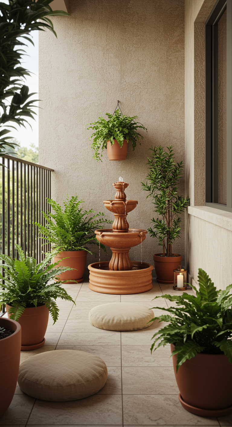 Kleiner Terrakotta-Brunnen auf Balkon, umgeben von Farnen und Sitzkissen.