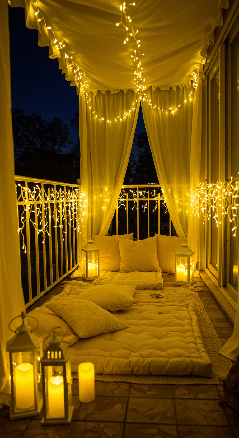 Romantisch beleuchteter Balkon bei Nacht mit Stoffbaldachin, Lichterketten und Kerzen.