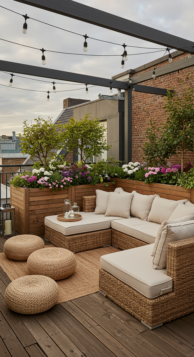 Dachterrasse mit Rattan-Lounge, Jute-Poufs und Hochbeeten aus Holz.