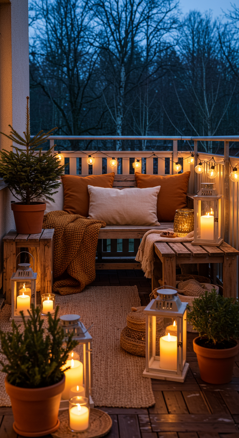 Balkon mit Holzmöbeln, vielen Laternen und Kerzen, Jute-Teppich und warmen Textilien.