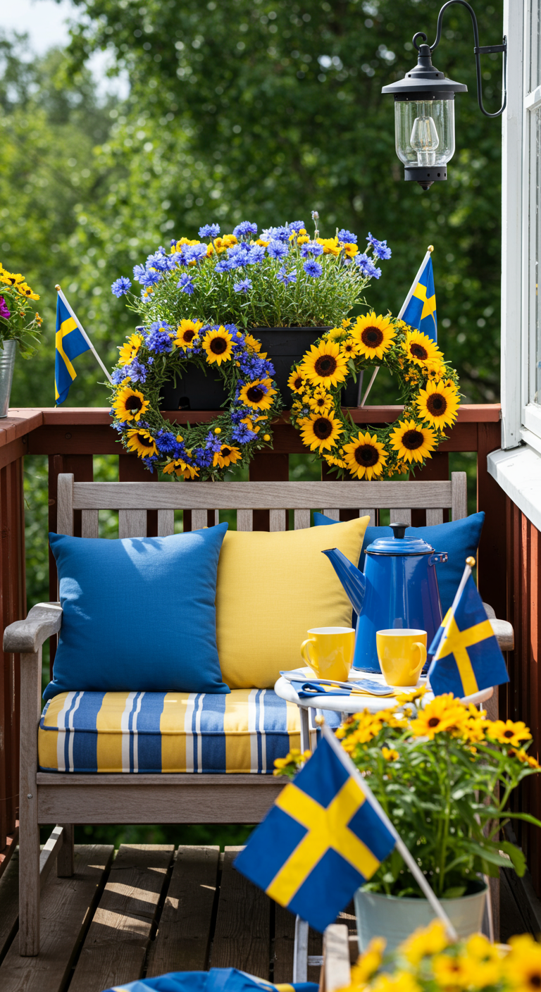 Holzbank mit Kissen in schwedischen Farben, Sonnenblumen-Kornblumen-Kränze und Schwedenflaggen.