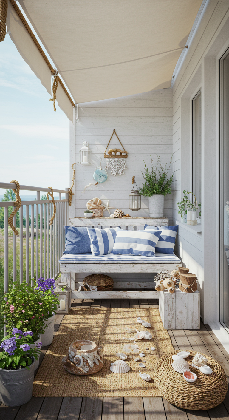Balkon im Strandhaus-Stil mit Palettenbank, maritimer Deko und Muscheln.
