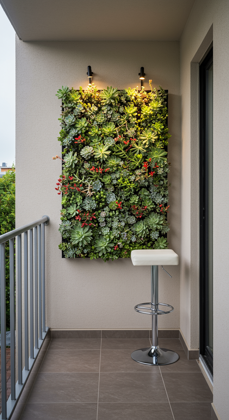 Vertikaler Garten in Rahmenform, dicht bepflanzt mit verschiedenen Sukkulenten.
