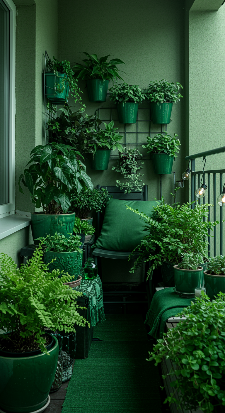 Balkon komplett in Grüntönen gehalten, mit grünen Wänden, Möbeln und vielen Grünpflanzen.