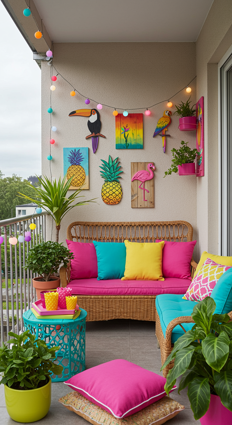 Balkon mit tropischer Deko: bunte Holzbilder von Ananas und Vögeln, pinke und türkise Kissen.