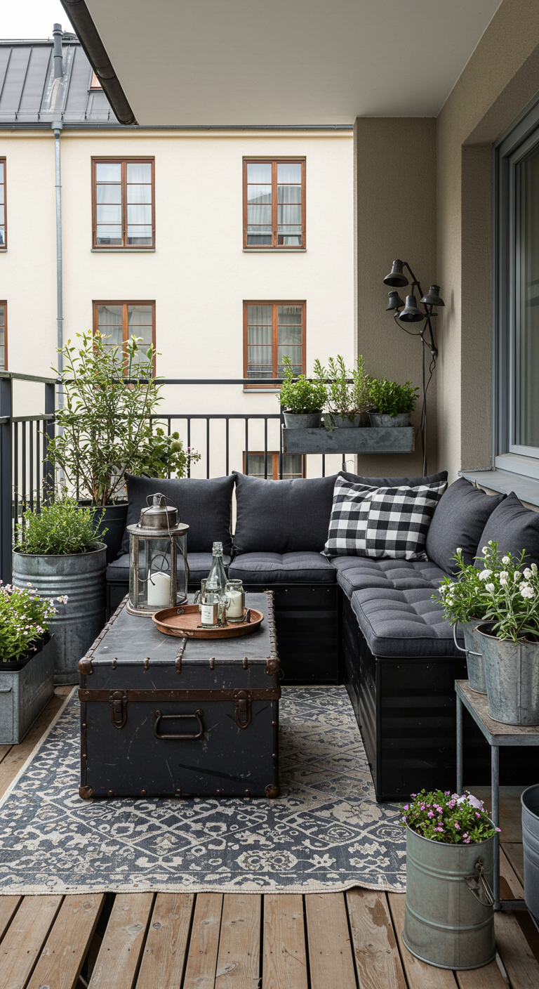 Balkon mit schwarzer Palettenlounge, alter Truhe als Tisch und Pflanzen in Zinkgefäßen.