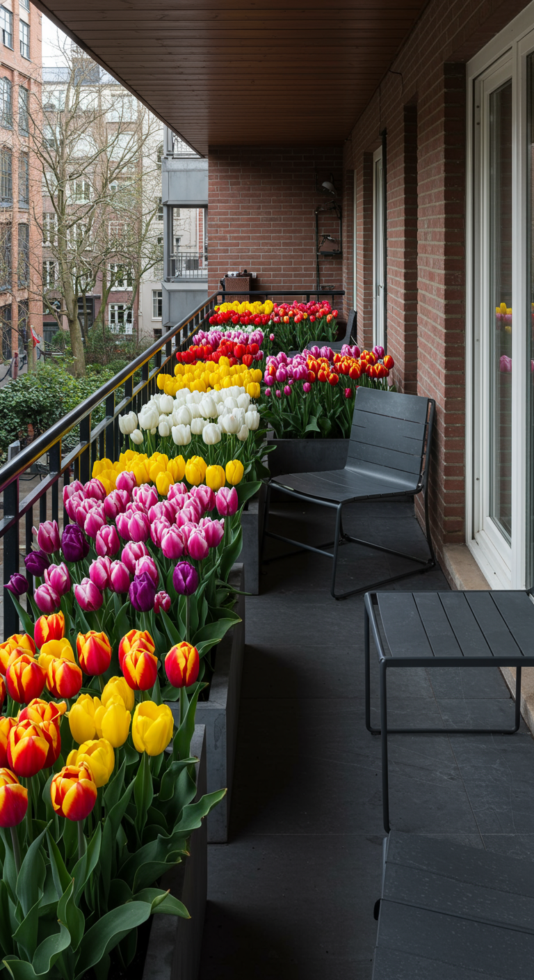 Langer Balkon mit Reihen von bunten Tulpen in Pflanzkästen.