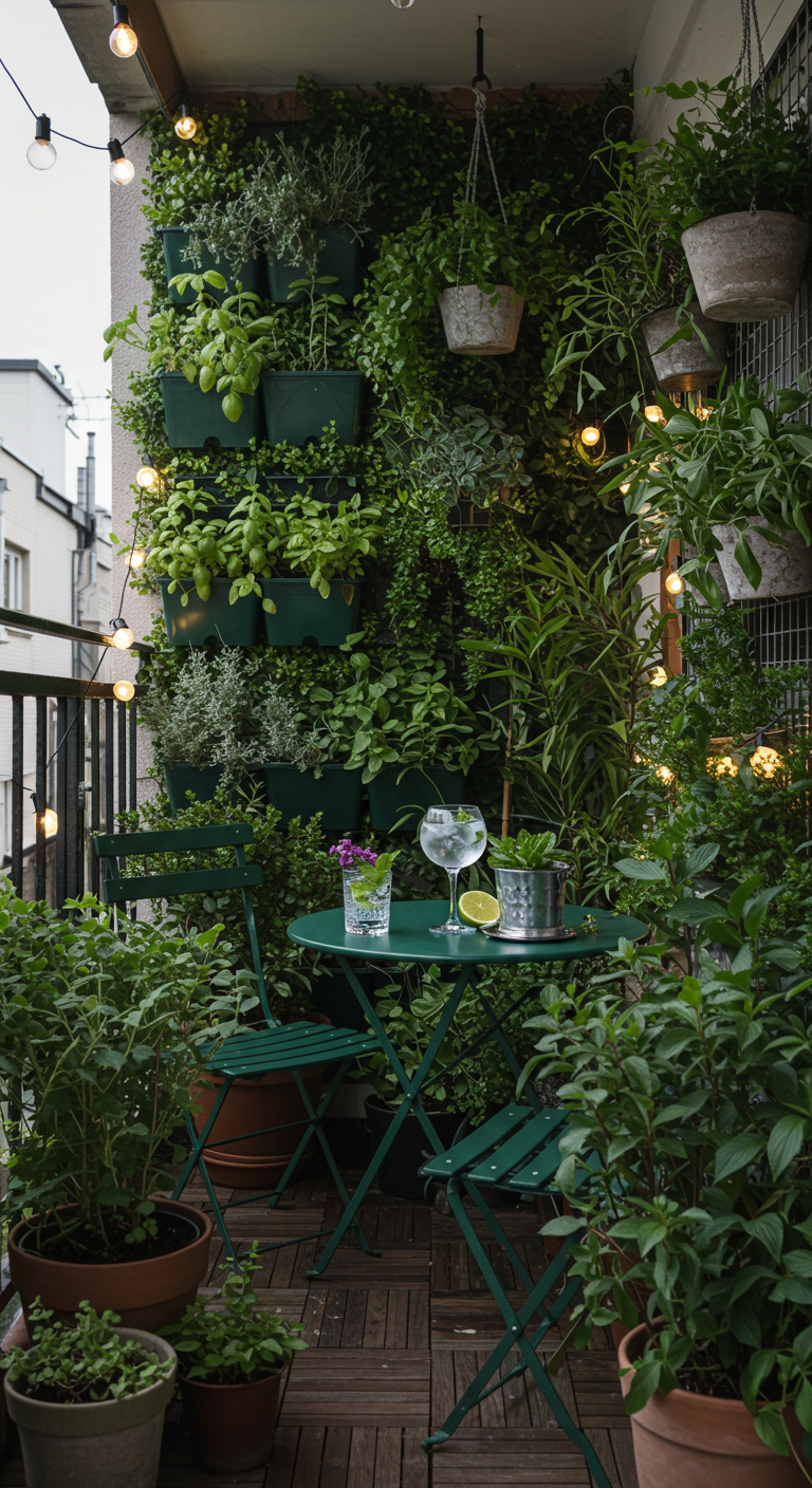 Kleiner Balkon als Kräutergarten mit vertikalen Pflanzwänden und Bistrotisch.