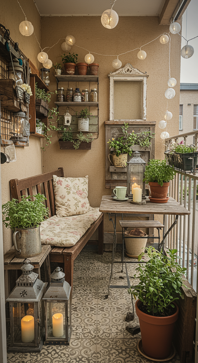 Eckbalkon im Vintage-Stil mit Holzmöbeln, Laternen und gemusterten Fliesen.