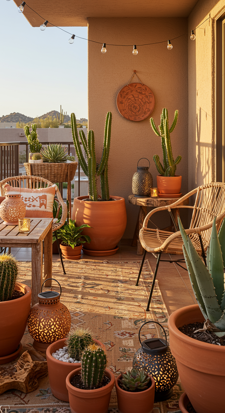 Balkon im Wüstenstil mit Terrakotta-Töpfen, Korbmöbeln und kleinen Tischen als Ablage.
