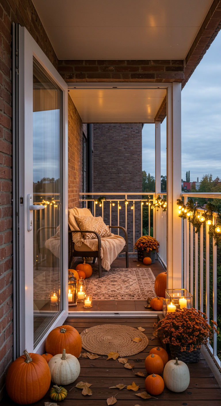 Blick von innen auf einen herbstlich dekorierten Balkon mit Kürbissen und Lichtern.