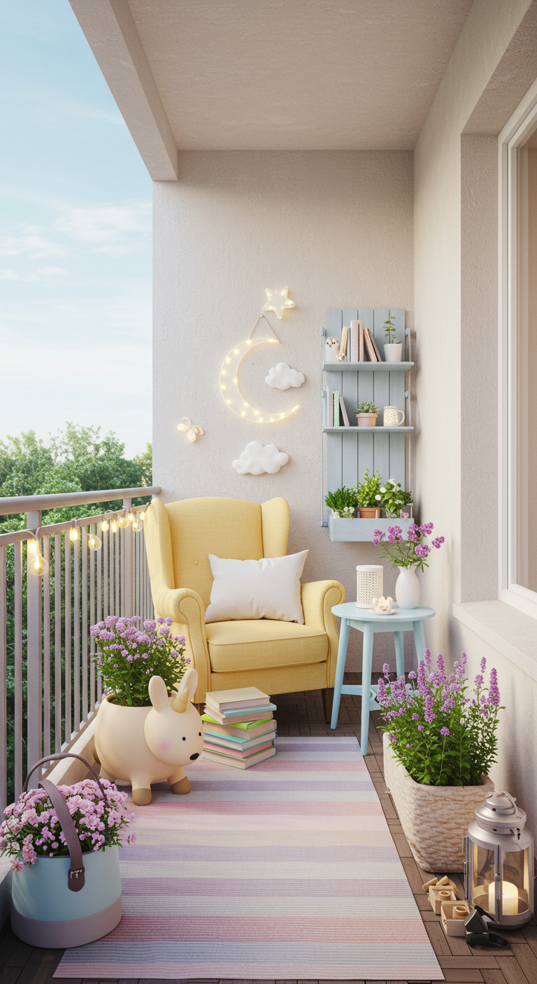 Gemütlicher Balkon-Leseecke mit gelbem Sessel, Pastellteppich und fantasievollen Lichtern.
