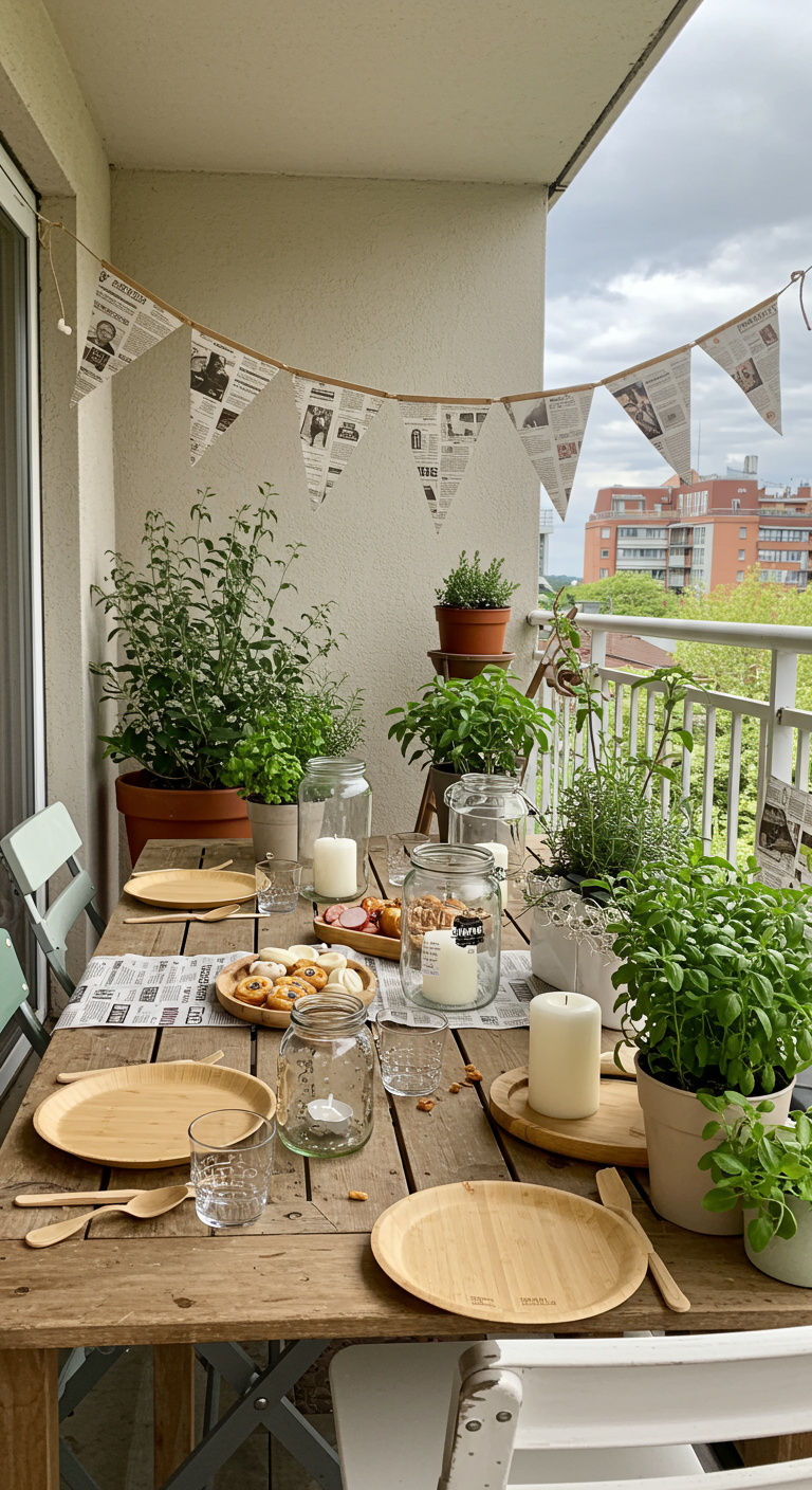 Balkontisch dekoriert mit Zeitungs-Platzsets, Kräutertöpfen und Kerzen in Gläsern.