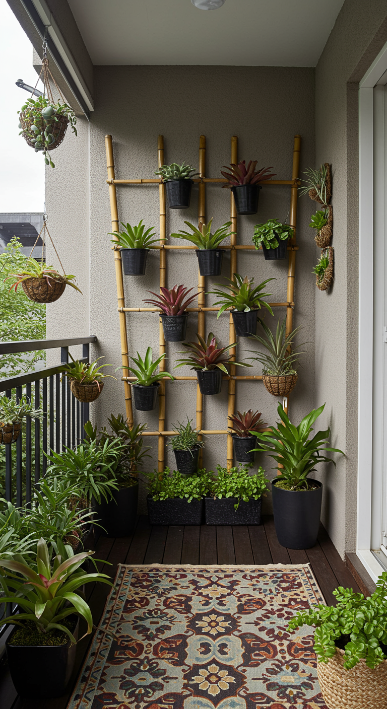 Bambus-Rankgitter mit verschiedenen Topfpflanzen, darunter Bromelien, auf einem Balkon.
