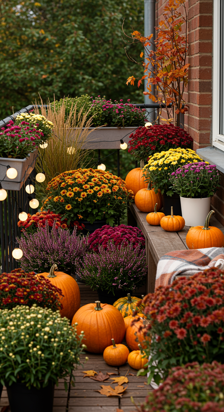 Balkon voller Herbstblumen wie Chrysanthemen und Heidekraut, dazwischen Kürbisse.