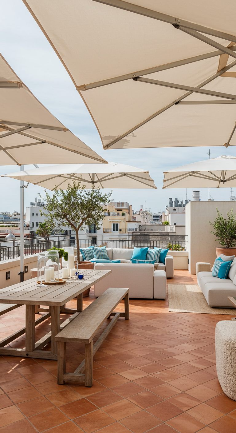 Große Dachterrasse mit mehreren Sonnenschirmen, hellen Loungemöbeln und Olivenbaum.