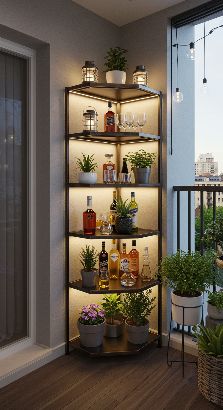 Schwarzes Eckregal mit beleuchteten Fächern, genutzt als Minibar auf einem Balkon bei Nacht.