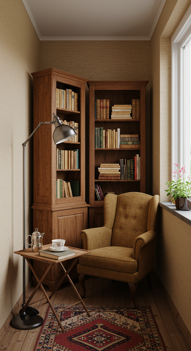 Balkon-Leseecke mit Vintage-Bücherregalen und Ohrensessel