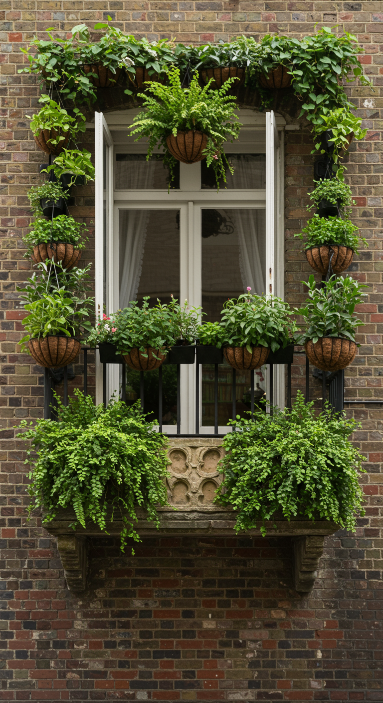 Üppig bepflanzter Fenstersims-Balkon, der ein Fenster grün einrahmt.