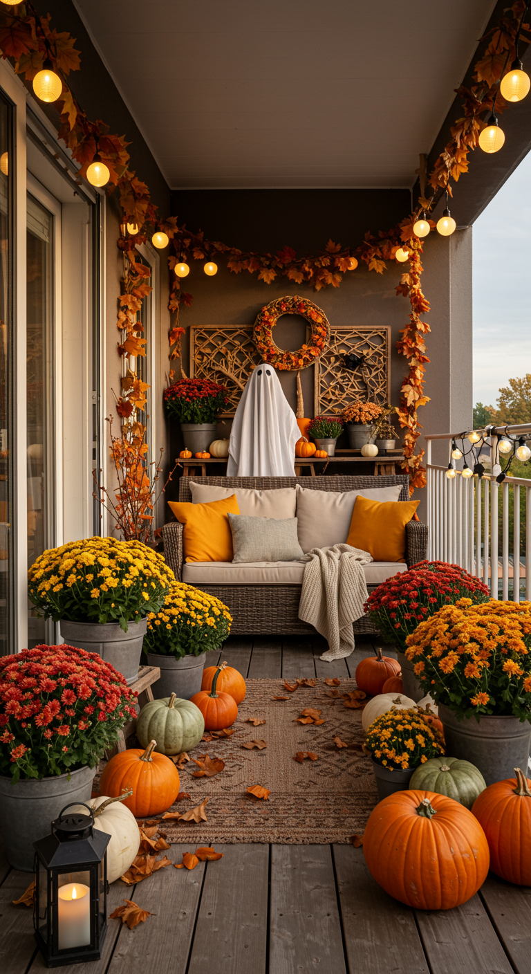 Herbstlich geschmückter Balkon mit vielen Blumen, Kürbissen und einem freundlichen Geist.