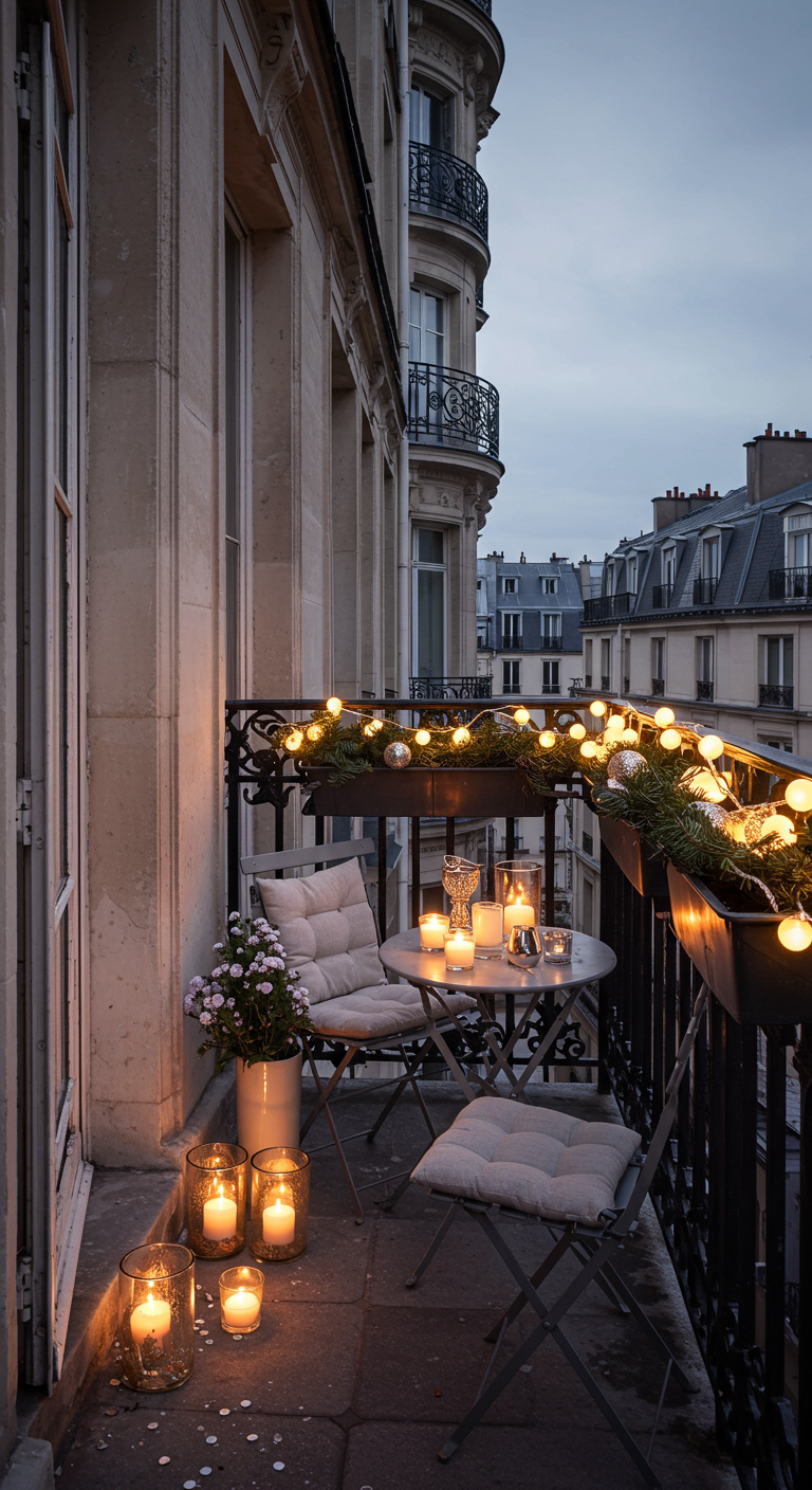 Pariser Balkon bei Nacht mit Bistro-Set, Lichterkette am Geländer und vielen Kerzen.