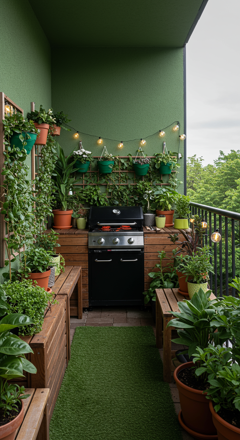 Grün gestalteter Balkon mit Gasgrill, Holzbänken und vielen Pflanzen.