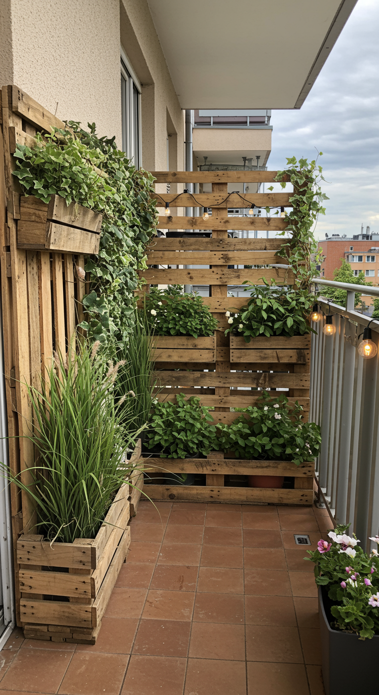 Vertikale Palettenwand als bepflanzter Sichtschutz auf einem Balkon.