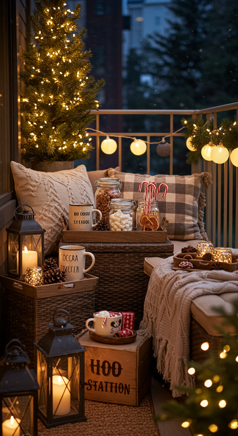 Gemütliche Balkonecke mit Decken, Kissen, Tablett mit Tassen und weihnachtlichen Snacks.