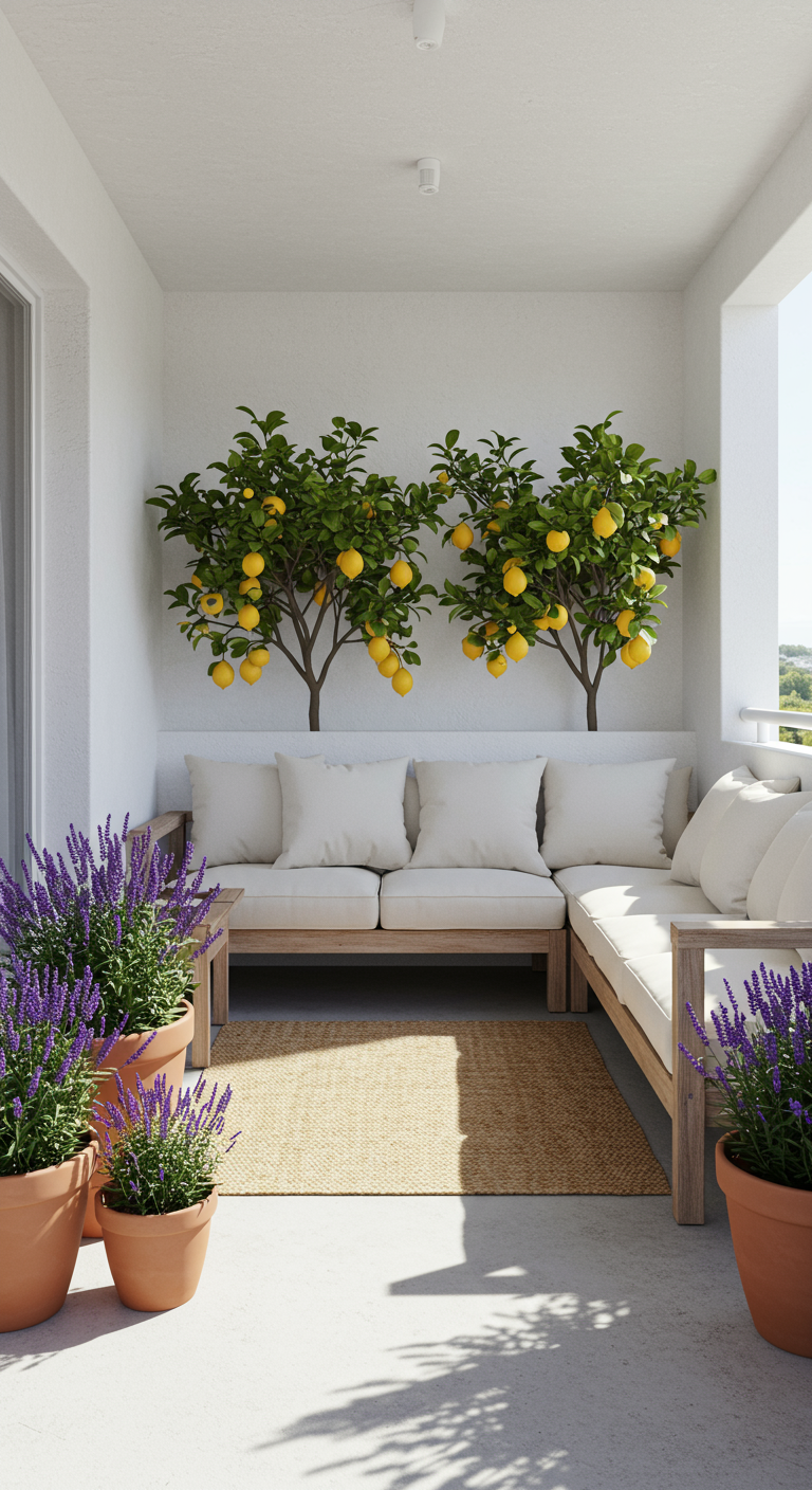 Moderner Balkon mit heller HolzLounge und Zitronenbäumen an der Wand.