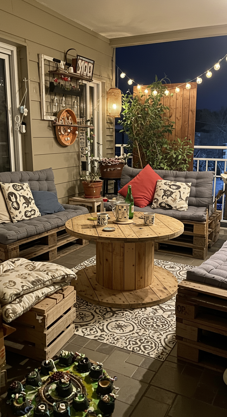 Balkon bei Nacht mit Palettensofas und einem großen Kabeltrommel-Tisch, dekoriert mit Kerzen.